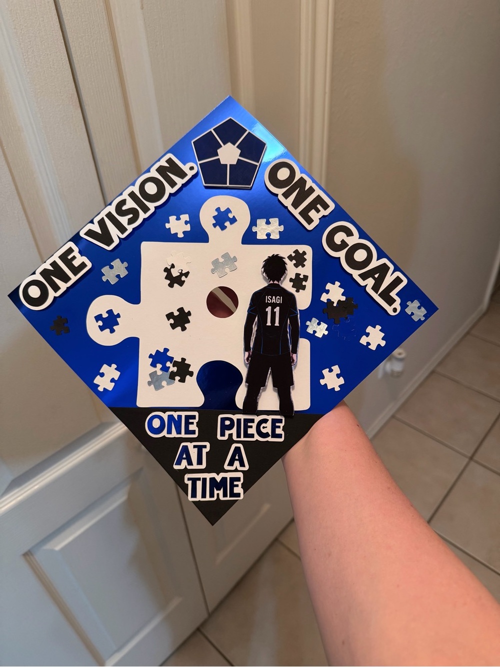 Custom Graduation Cap Top - Blue Puzzle Theme 'One Vision One Goal'